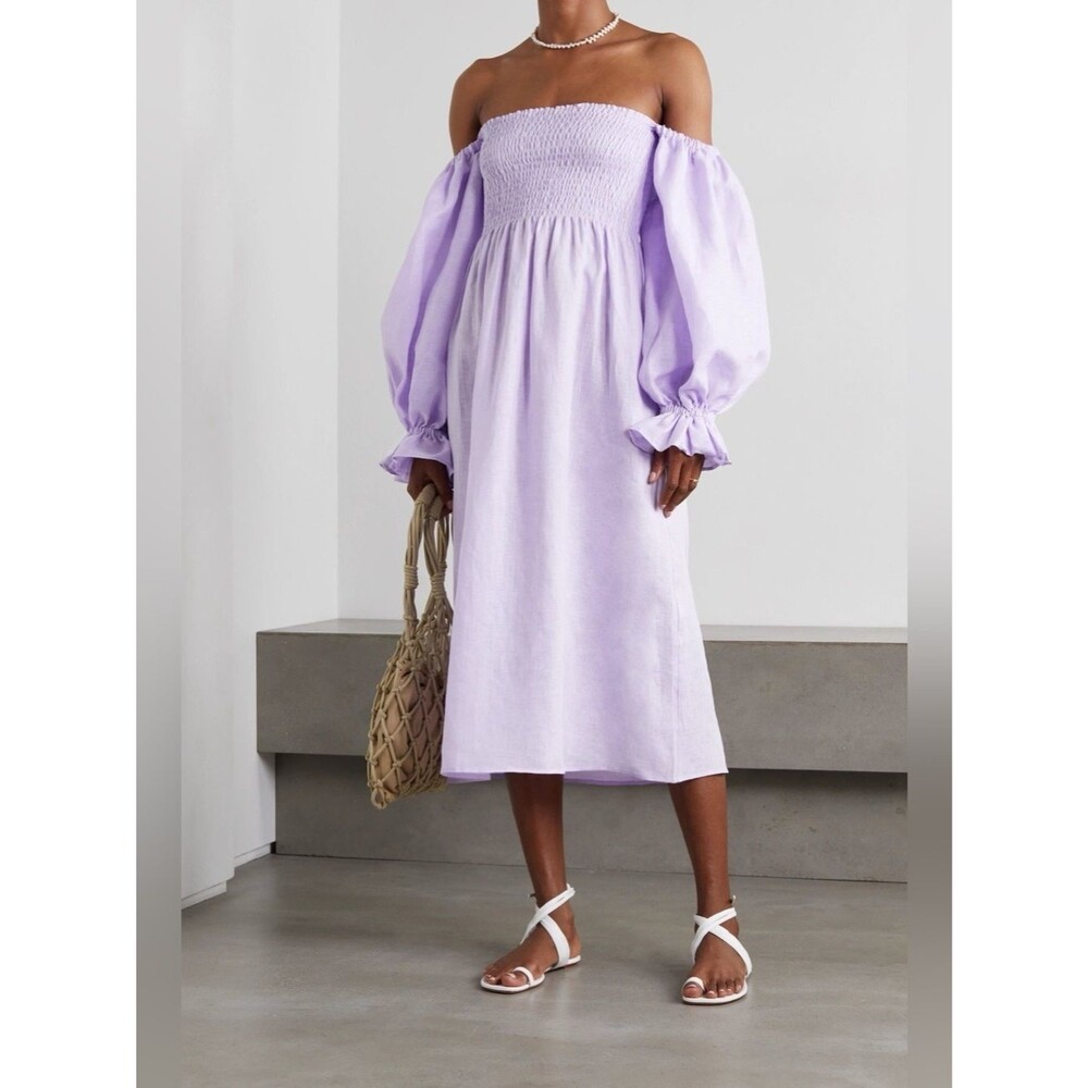 Sleeper Lilac 100% Linen Smocked Maxi Dress XS